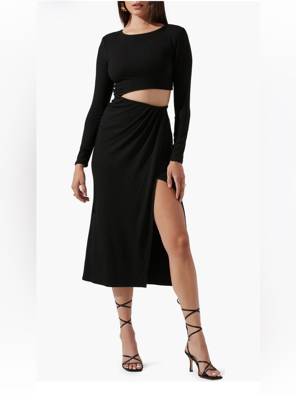 Astr The Label Black Ruched Cutout Midi Dress with Side Leg Slit - Small